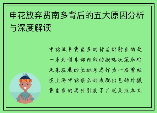 申花放弃费南多背后的五大原因分析与深度解读